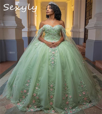 Mint Green Floral Vestidos De 15 Quinceañera Dress Cape Sleeve Corset Vestido De 15 Años Charro Xv Debutante Birthday Customized green