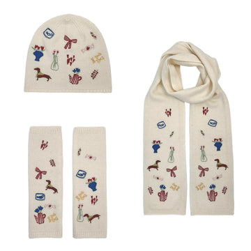 Fashionable Three-Piece Set! Three-Dimensional Heavy Embroidery Pattern for Warm Scarf + Flat Cap + Fingerless Gloves Knit