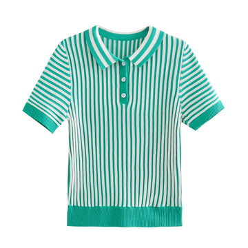 Striped Knitted Polo Collar T-shirt Winter Green Short sleeved Women's T Short Style Casual Versatile Show Thin Polo Shirt