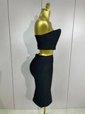 Women Sexy Strapless Backless Black Bandage Two Piece Suit Celebrity Designer Fashion Birthday Gown Evening Prom Costume