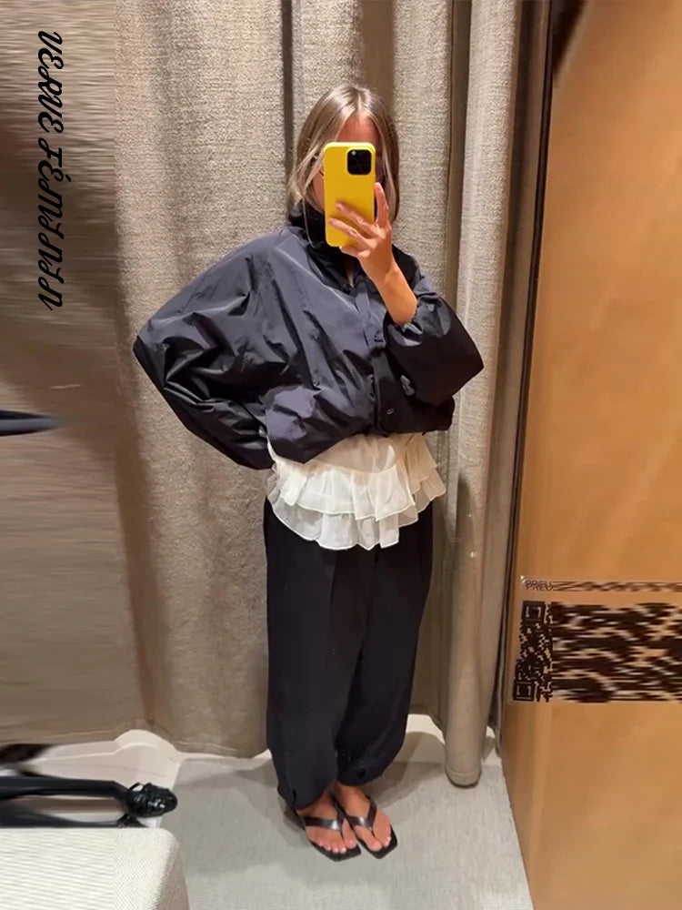 Stand Collar Button Solid Full Sleeve Bomber Jacket Women Casual Lantern Sleeves Loose Fitting Coats Autumn 2025 Chic Outerwears