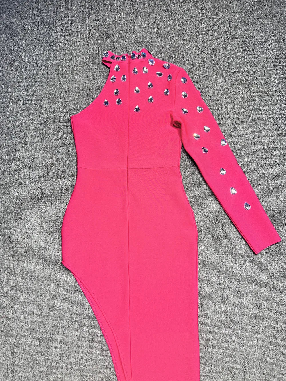 New Rosered Color Women Sexy One Shoulder Big Crystal Bodycon Long Bandage Dress Celebrate Evening Party Birthday Fashion Dress