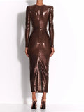 2024 Sexy Women'S Light Luxury Dark Brown Sequined Dress Deep V-Neck Long Sleeved Bodycon Draped Midi Dresses Christmas Vestidos