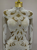High-end Elegant Evening Gown AB Rhinestones Pearls Luxury Long Sleeves Mesh Dress Women Cocktail party Wedding Costume