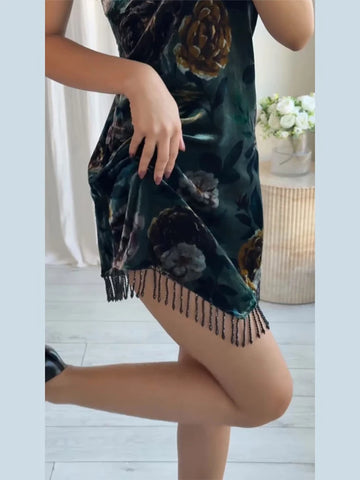 Women's Evening Dresses Tassels Velvet Printed Short Dress Autumn 2025 Female Sleeveless Backless Irregular Partywear Streetwear