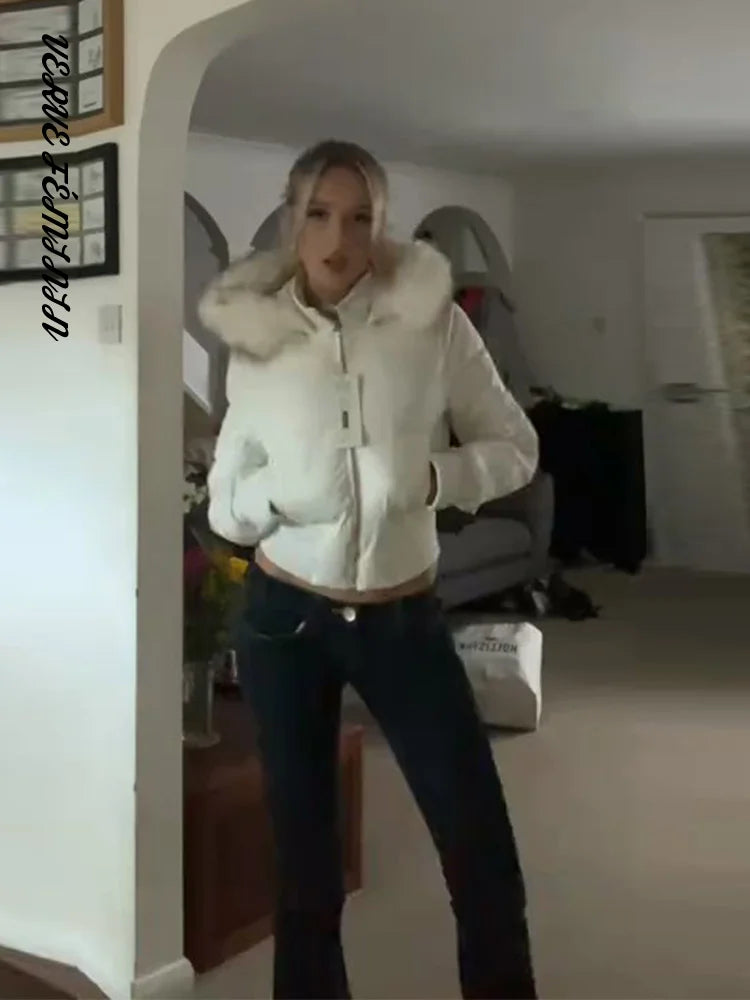 Women's Bomber Coats Faux Fur Collar Hooded Short Padded Jacket Autumn 2025 Lantern Sleeve Ruched Zipper Coat Fashion Outerwears