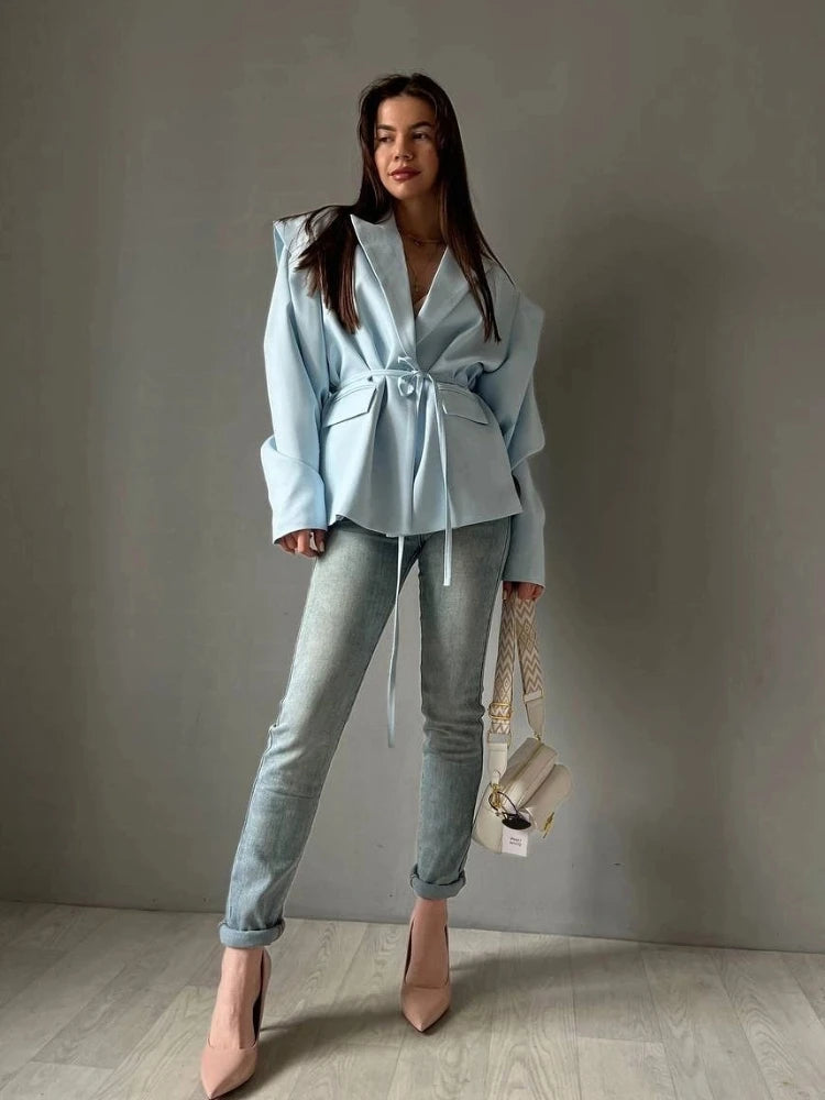 Elegant Solid Slim Women's Blazers Lapel Shoulder Pad Long Sleeve Waist Cinching Lace Up Suit Jackets Chic Ladies Streetwear New