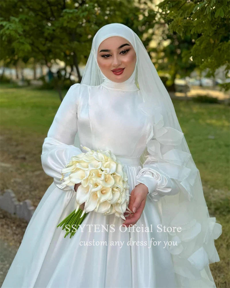 Muslim A-line Wedding Dresses High Collar Satin Bride Gown Floor Length Bridal Dress Long Sleeves Custom robe de mariée