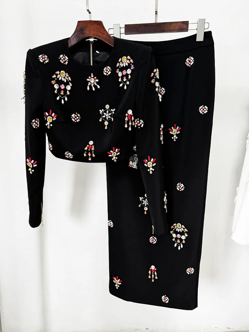 2024 Elegant Women's Light Luxury Nail Bead Short Skirt Set O-neck Long Sleeve Ultra Short Top+Mini Skirt Two piece Set Black Long