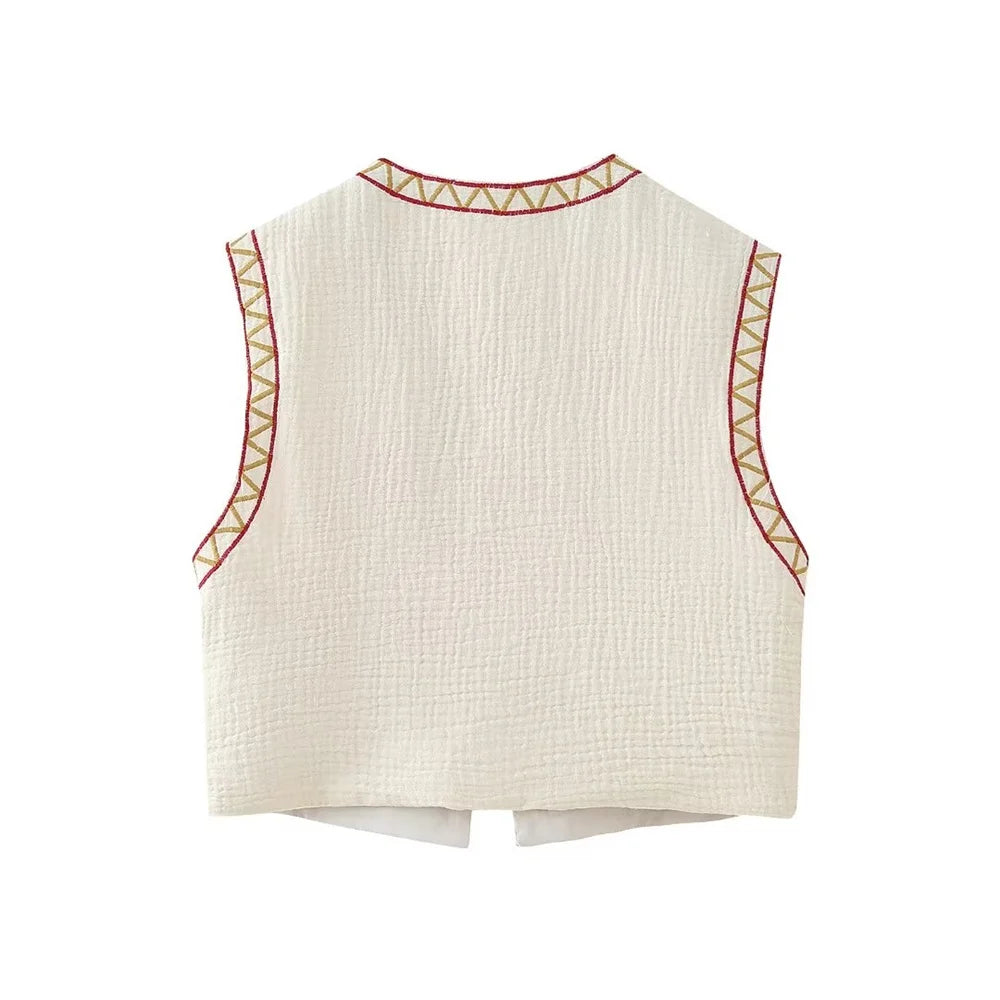 European and American Style 2024 Spring and Summer Women's New Fashionable and Versatile Round Neck Sleeveless Embroidered Vest