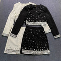 Women's Wear Heavy Industry Beaded Design Mini Skirt Sets Standing Neck Long sleeved Short Top+Short Skirt Two piece Set