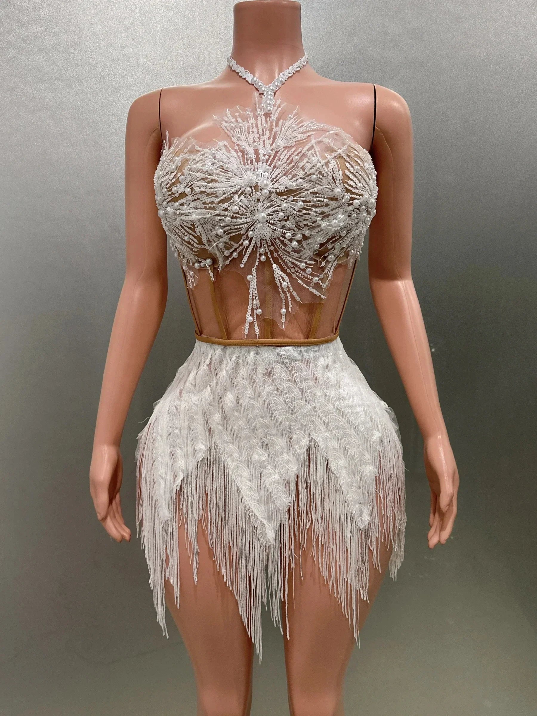 STOCK Women Sexy Off the Shoulder Shinning Sequins Tassels Bodycon Mini Dress 2 Pieces Celebrate Nightclub Performance Costume