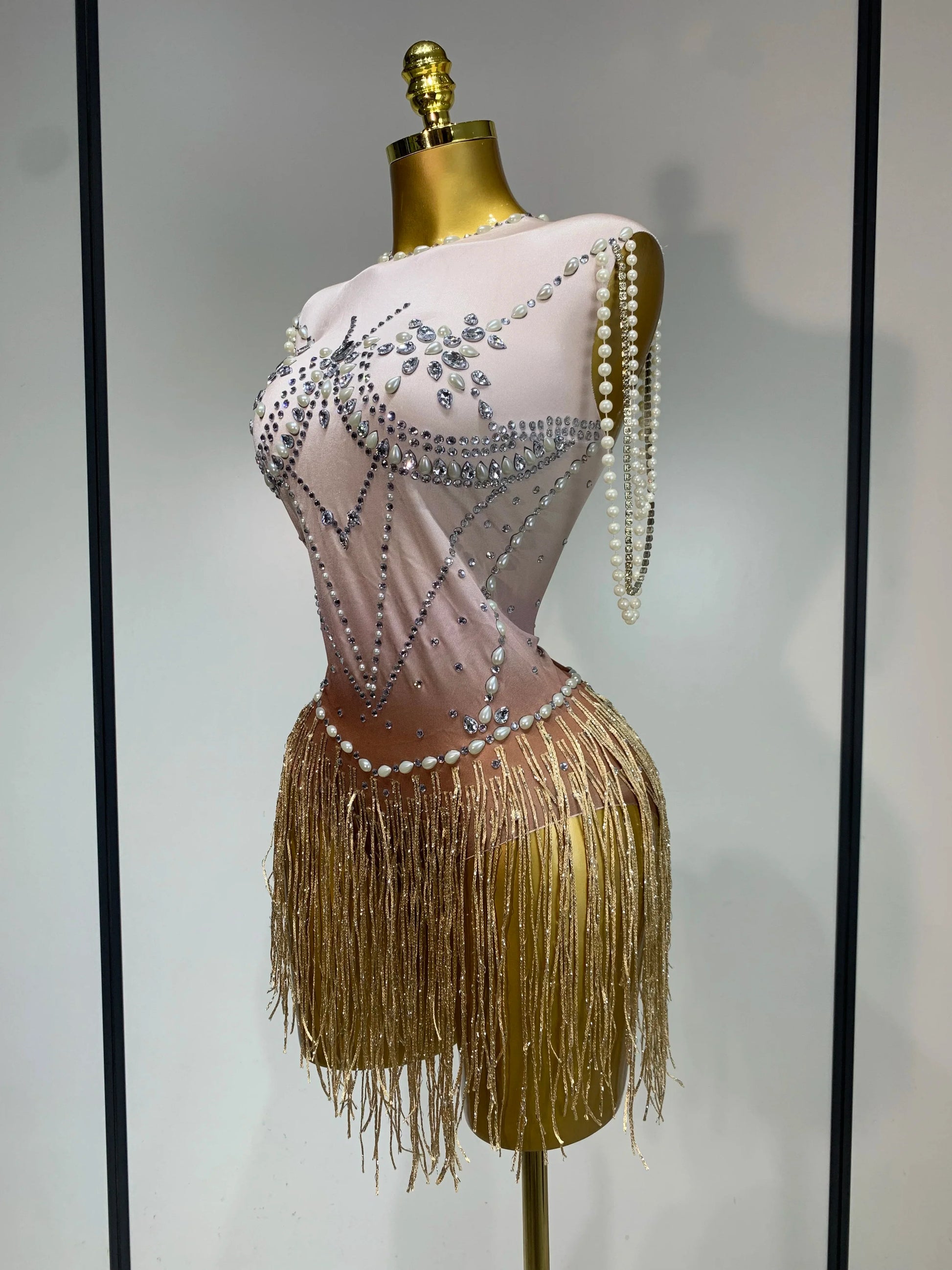 Women Sexy Stage Performance Fringe Leotard Shiny Crystal Sleeveless Tight Bodysuit Evening Party Nightclub Drag Queen Costume