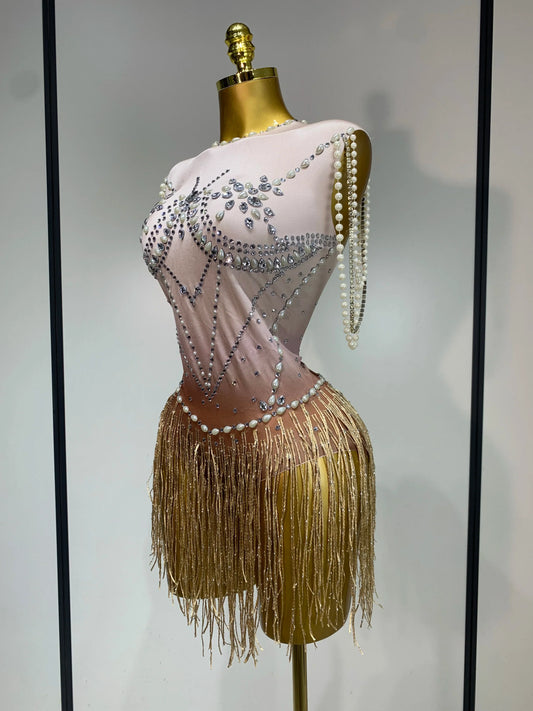 Women Sexy Stage Performance Fringe Leotard Shiny Crystal Sleeveless Tight Bodysuit Evening Party Nightclub Drag Queen Costume