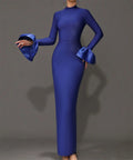 2024 Elegant Women's Black Maxi Dress Stand up Neck Flare Sleeves Bodycon Bandage Long Dresses Cocktail Evening Party Vestidos DEEP BLUE