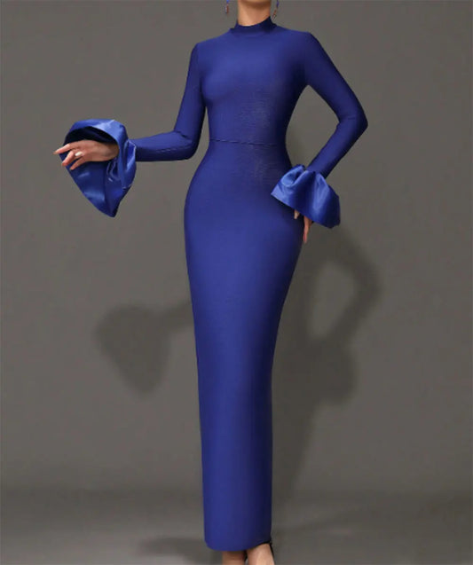 2024 Elegant Women's Black Maxi Dress Stand up Neck Flare Sleeves Bodycon Bandage Long Dresses Cocktail Evening Party Vestidos DEEP BLUE