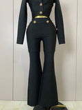 Golden Buttons Short Coat Top And Flare Pants Bandage 2 Pieces Set Woman Celebrity Evening Party Vestidos