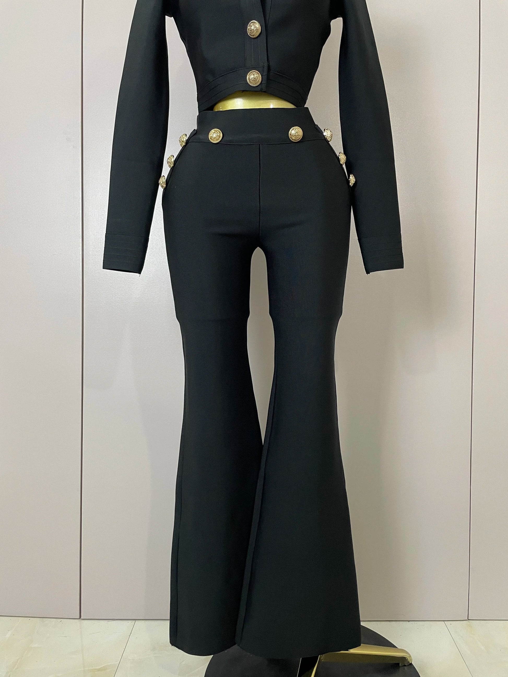 Golden Buttons Short Coat Top And Flare Pants Bandage 2 Pieces Set Woman Celebrity Evening Party Vestidos