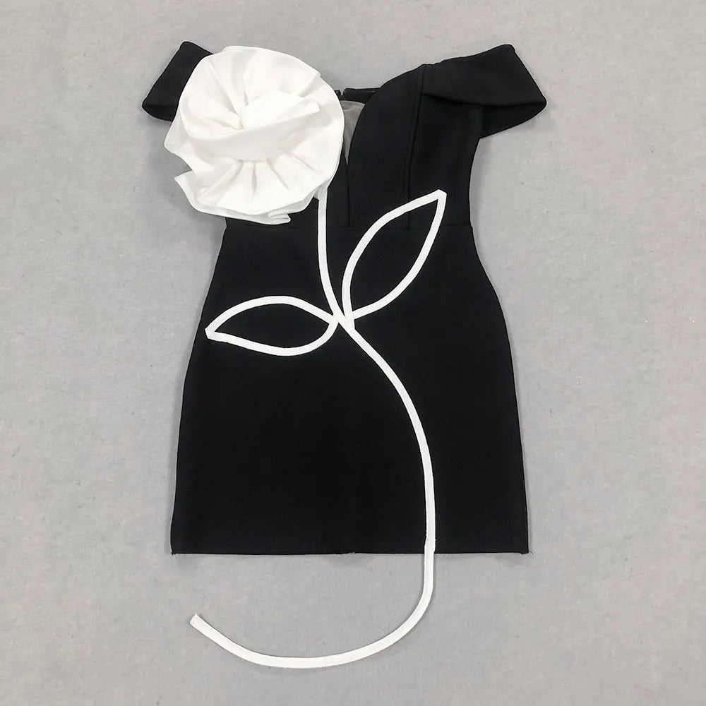 2024 Sexy Women's 3D Flower Bandage Dress Shoulderless Short Sleeve Bodycon Backless Mini Dress Cocktail Evening Party Vestidos black
