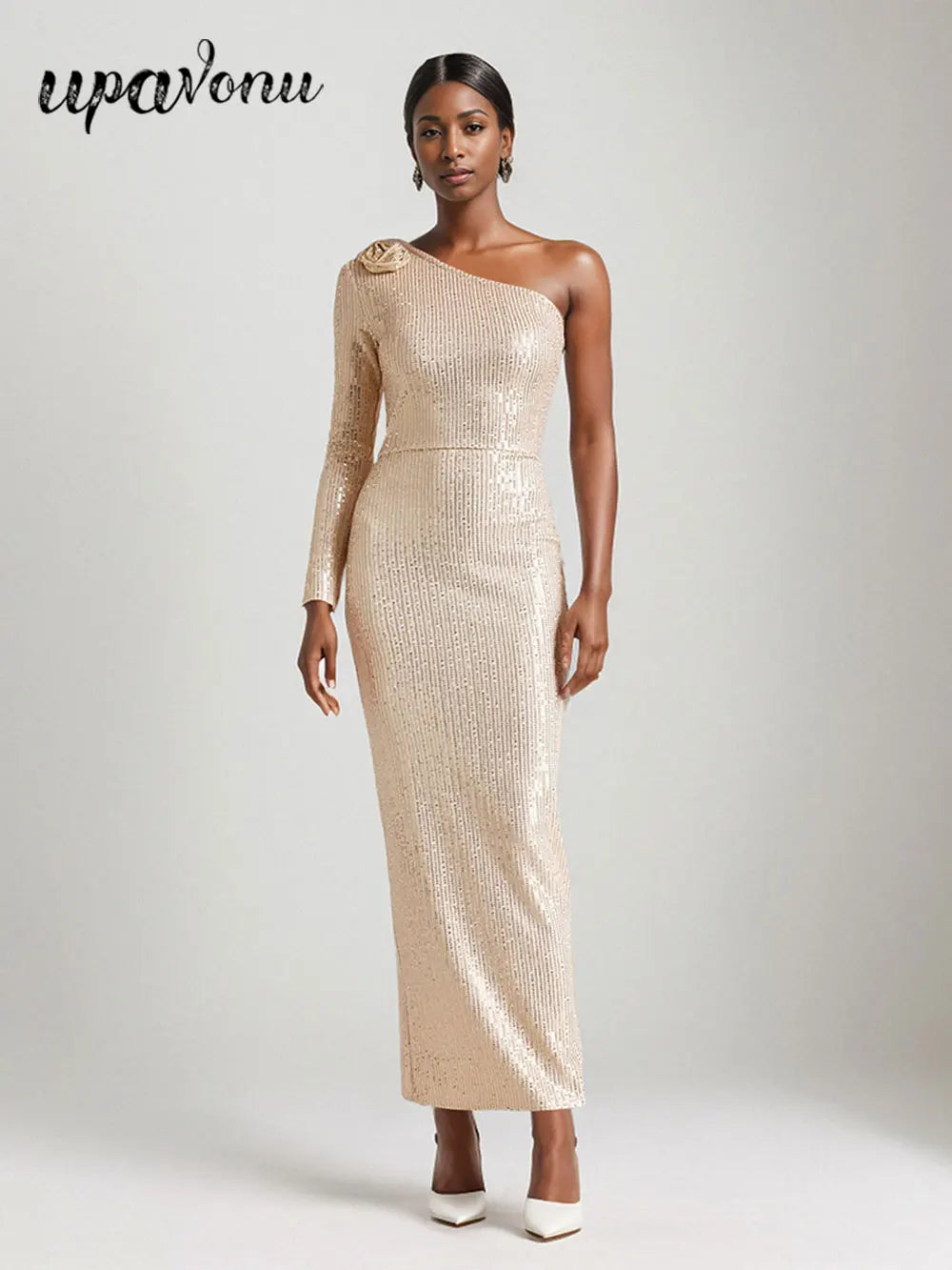 2024 Women's Light Luxury Glitter Dress with Diagonal Collar Single Shoulder Sleeve 3D Flower Decoration Bodycon Long Dresses