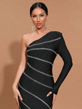 2025 Elegant Women's Hot Diamond Bandage Dress with Diagonal Collar, One Shoulder, Long Sleeve Bodycon Black Long Dress Vestidos
