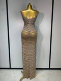 Women Sexy Sparkly Diamonds High Split Maxi Dresss Mesh See Through V Neck Performance Singer Costume Luxury Birthday Vestido