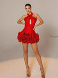 Stereoscopic Folwer Sexy Deep V-Neck Halter Sheath Red Bandage Mini Dress Sweet Woman Birthday Party Dress Music Festival Outfit