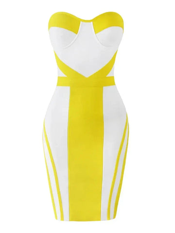 2024 Sexy Women'S Yellow Striped Patchwork White Bandage Dress Strapless Sleeveless Backless Bodycon Mini Dresses Party Vestidos Yellow