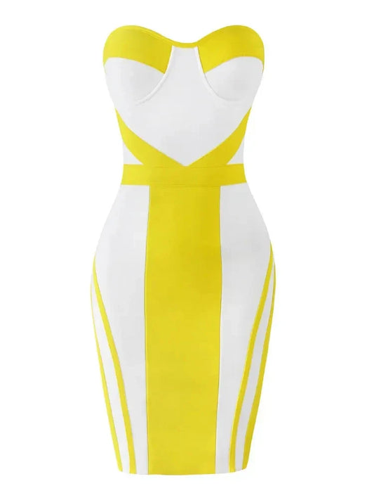 2024 Sexy Women'S Yellow Striped Patchwork White Bandage Dress Strapless Sleeveless Backless Bodycon Mini Dresses Party Vestidos Yellow