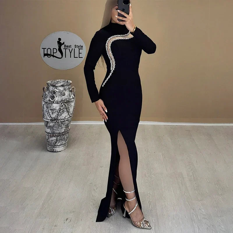 Black Color Top Quality Women Long Sleeve Shinning Crystal Bodycon Bandage Long Dress Fashion Evening Party Celebrate Dress
