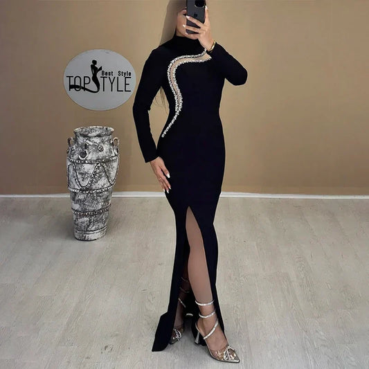 Black Color Top Quality Women Long Sleeve Shinning Crystal Bodycon Bandage Long Dress Fashion Evening Party Celebrate Dress