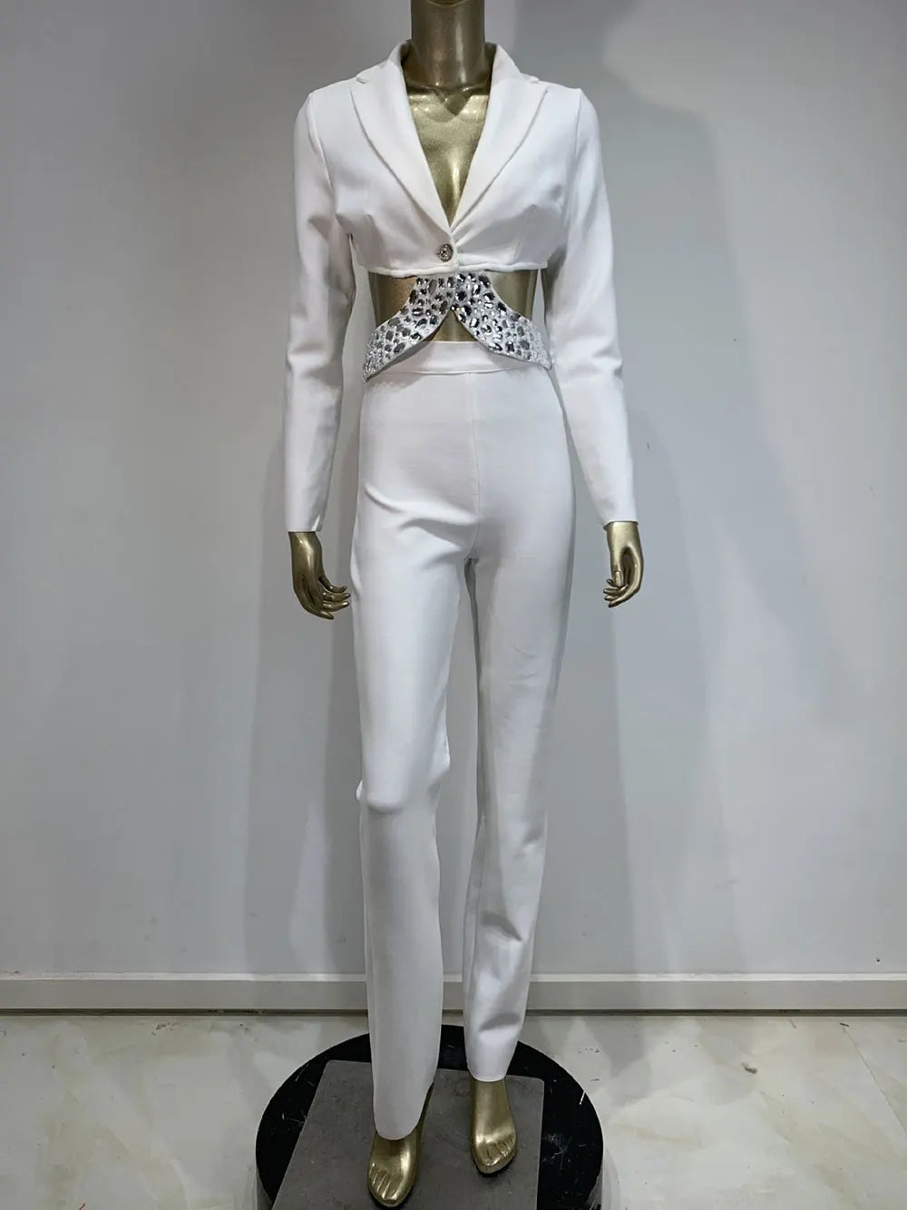 2024 Women Bandage Long Pants Set With Lapel Long Sleeved Nail Bead Design Backless Sexy Ultra Short Jacket+Pants Two-Piece Set WHITE