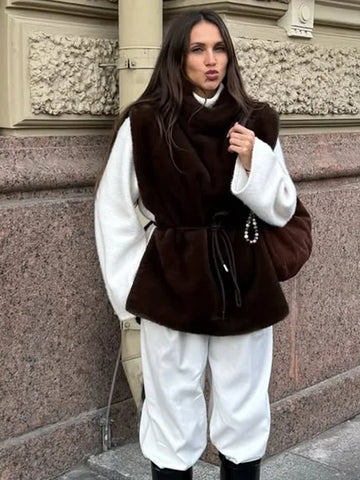 Brown Turtleneck Faux Fur Vest Women's Fashion Thicken Fluffy Sleeveless Lace Up Slim Fit Top 2025 Winter Lady Daily Outerwear