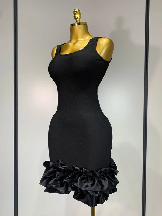 Women Spaghetti Strap Bodycon Short Dress Black Pleated Ruffle Hem Sleeveless Evening Party Cocktail Elegant Birthday Dresses