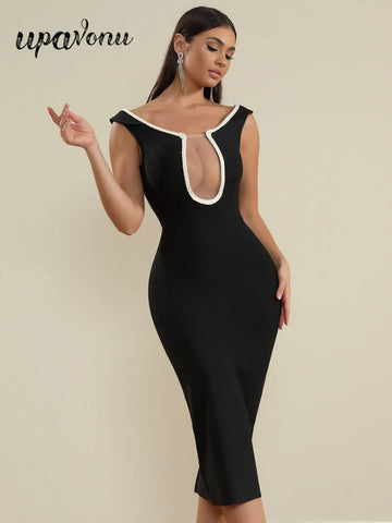 2025 Sexy Women's Perspective sheer patchwork bandage dress O-neck sleeveless Bodycon MIDI dress Cocktail Evening Party Vestidos