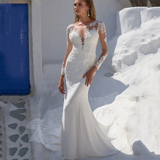 Sexy Mermaid Wedding Dress 2026 Sheer Neck Long Sleeves Illusion Back Buttons Lace Applique Bride Bridal Gowns  vestido de novia
