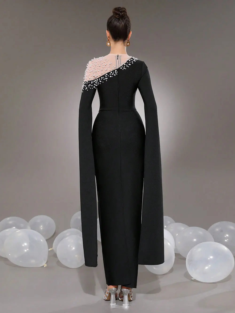 2025 Elegant Women Light Luxury Nail Bead Patchwork Bandage Dress O-Neck Extra Long Sleeve Bodycon Long Dress Club Party Vestido