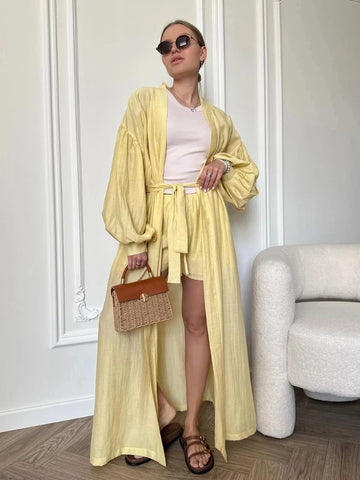 Lantern Full Sleeve Cardigan Coat Shorts Suits Women Sexy Loose Dragging Coats With Elastic Shorts New Chic Ladies Streetwear