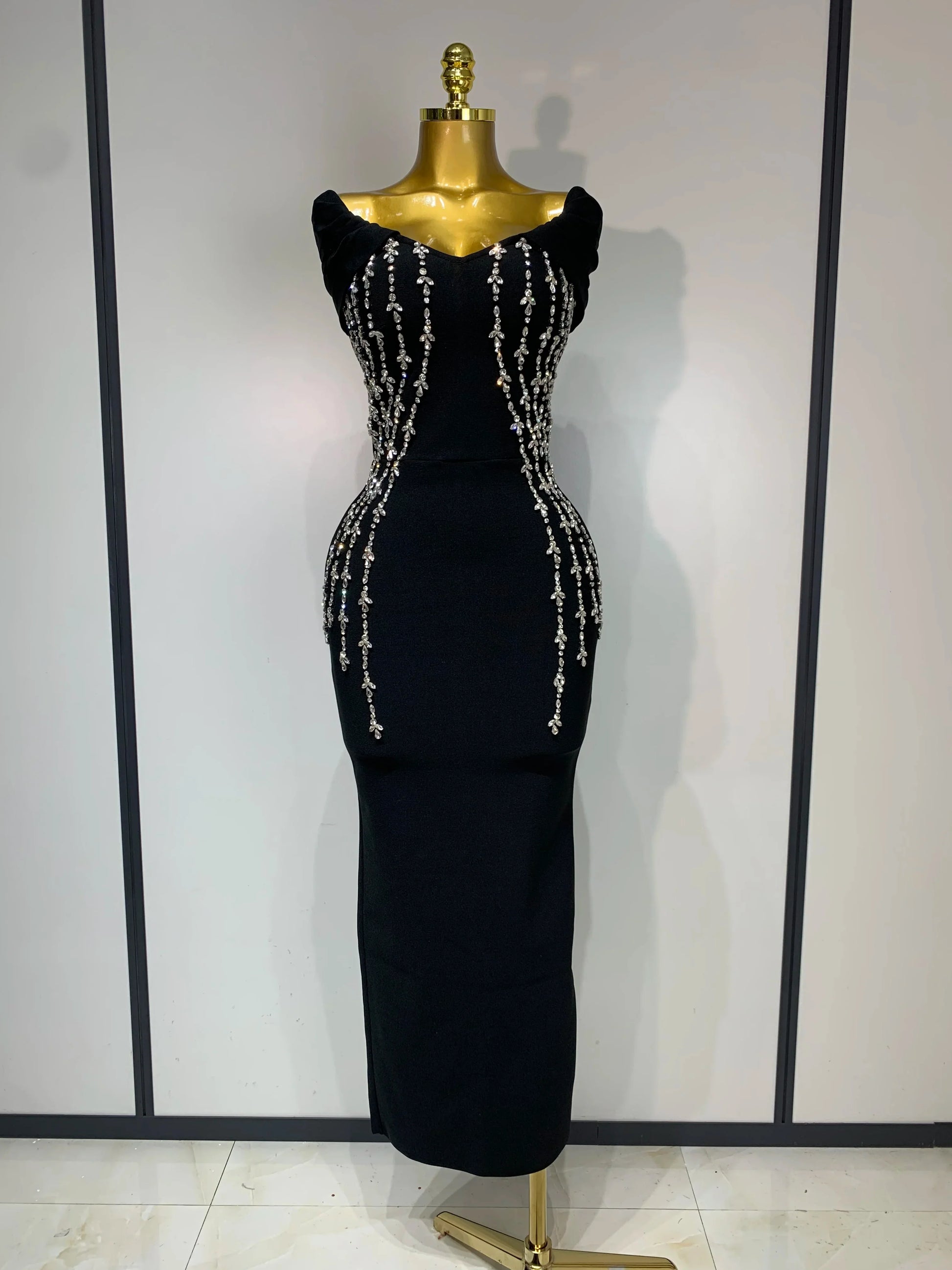 New 2025 Women Black Red Long Bodycon Bandage Dress Luxury Rhinestone Evening Party Celebrity Elegant Club Dress Vestido black