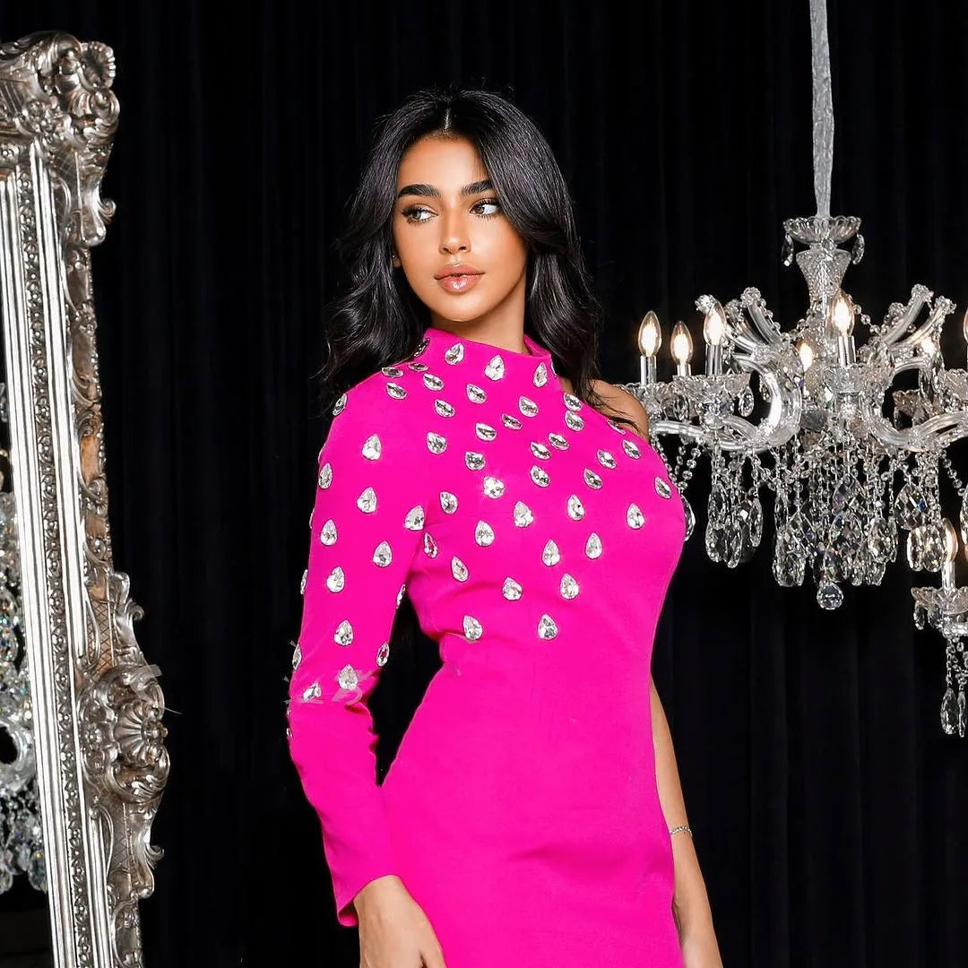 New Rosered Color Women Sexy One Shoulder Big Crystal Bodycon Long Bandage Dress Celebrate Evening Party Birthday Fashion Dress Rose Red