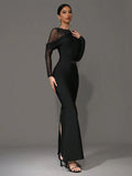 2025 Elegant Women 3D Hot Diamond Mesh Patchwork Bandage Dress O-Neck Long Sleeve Bodycon Black Long Dress Evening Party Vestido