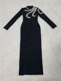 2024 Elegant Women's Light Luxury Diamond Design Bandage Dress with Stand Collar Long Sleeve Bodycon Split Length Dress Vestidos black