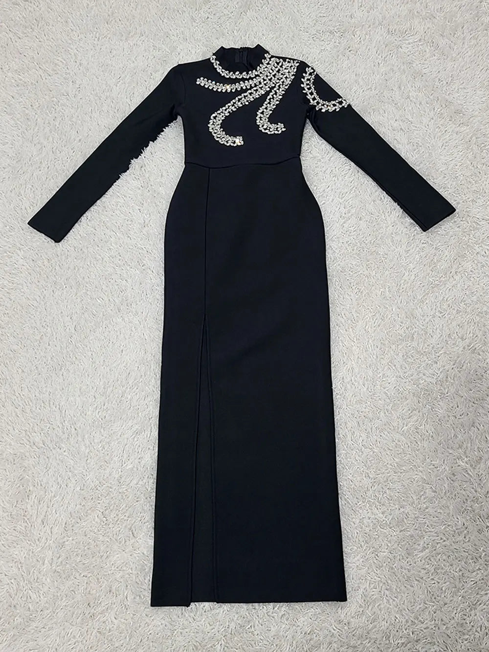 2024 Elegant Women's Light Luxury Diamond Design Bandage Dress with Stand Collar Long Sleeve Bodycon Split Length Dress Vestidos black