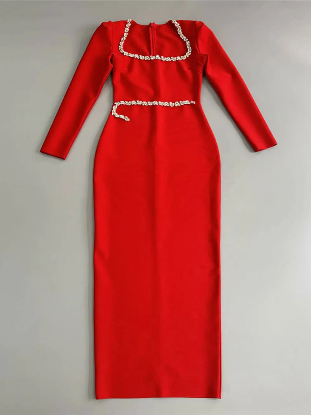 2024 Elegant Women Dress Light Luxury Diamond Design Bandage Dress Square Neck Long Sleeve Bodycon Christmas Red Dress Vestidos Red