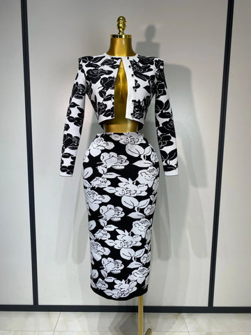 New Arrival Women Long Sleeve Jacquard Weave Two Pieces Set Celebrity Red Carpet Dress Birthday Bodycon Bandage Women's Set black