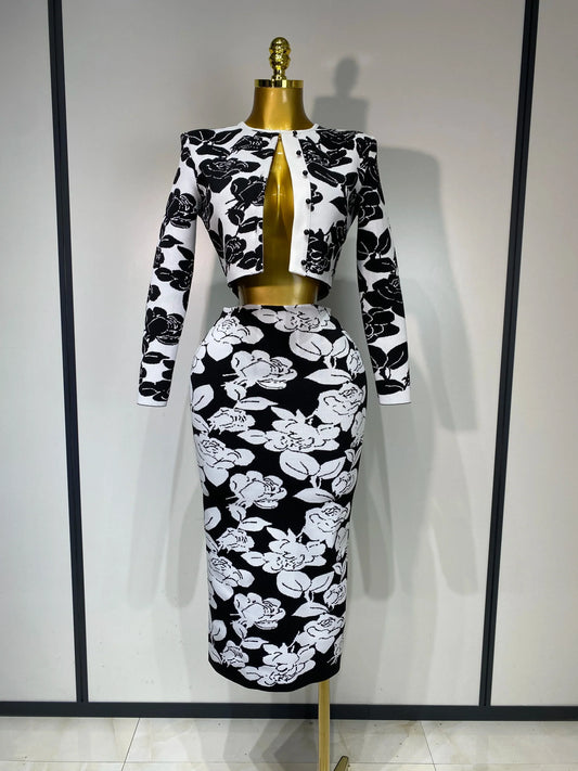 New Arrival Women Long Sleeve Jacquard Weave Two Pieces Set Celebrity Red Carpet Dress Birthday Bodycon Bandage Women's Set black