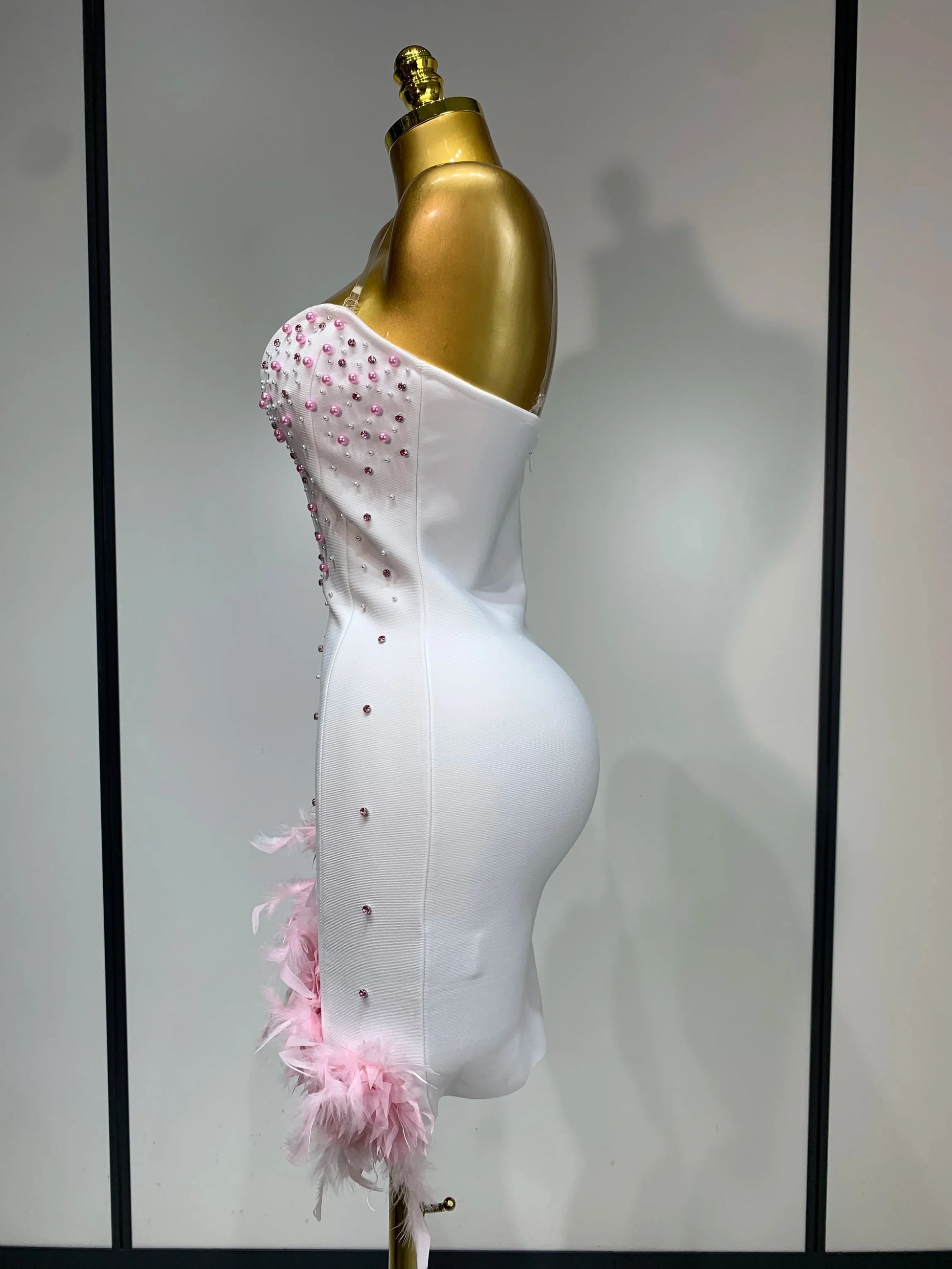 Women Sexy Backless Pink Pearls Feather Short Dress Formal Evening Party Luxury Beading Floral Wedding Guest Dress