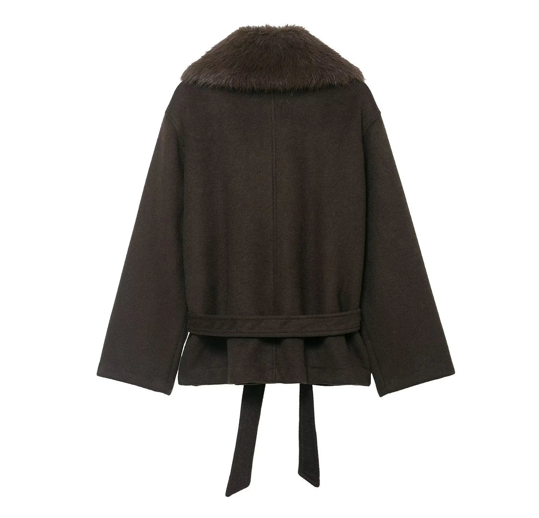 European and American style 2025 winter new women's casual blended synthetic fur effect collar coat jacket