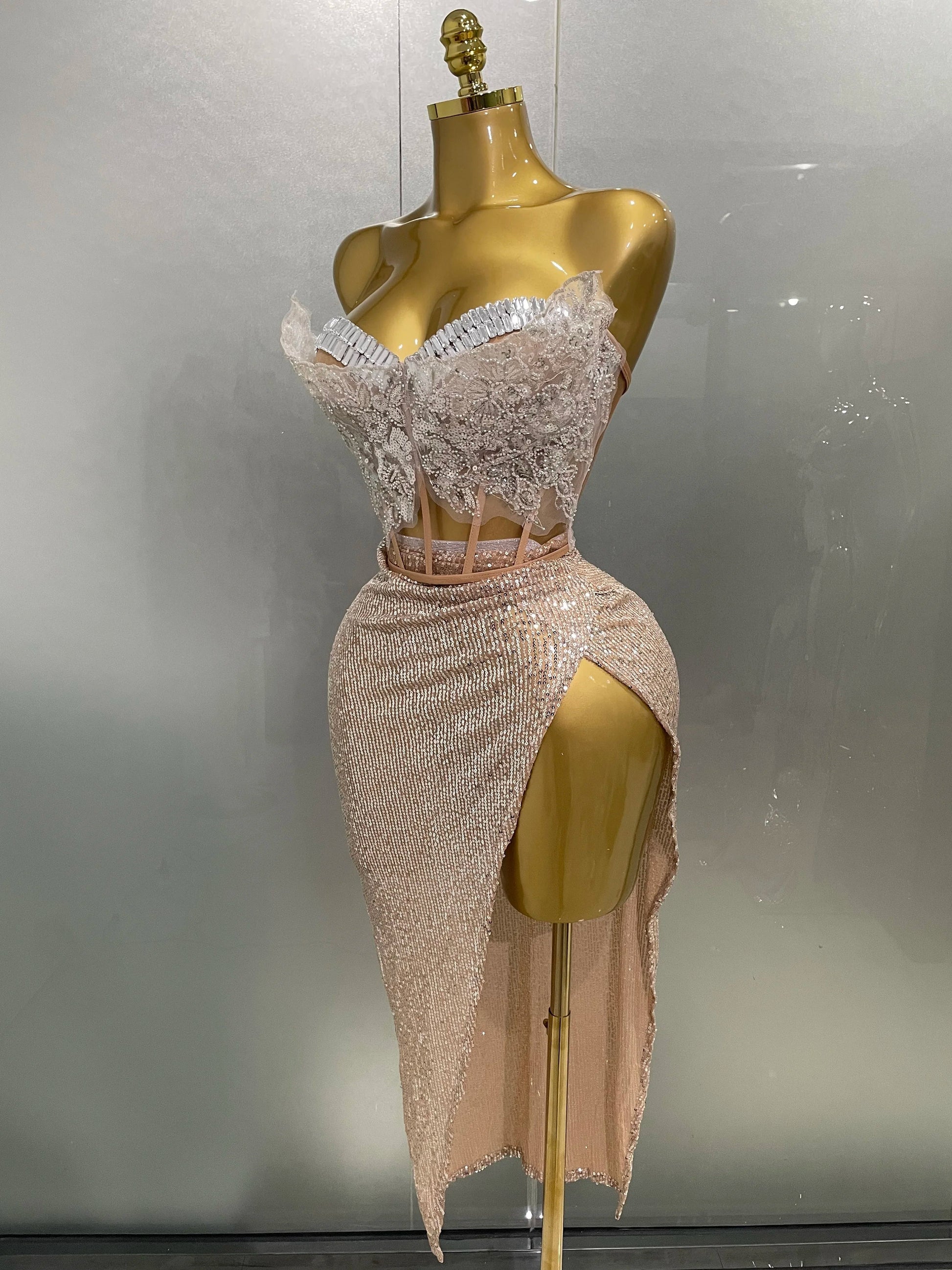 Women Sparkle Rhinestone Sequins Two Pieces Evening Party Dress Celebrate Festival Dancer Bar Nightclub Ds Dj Stage Wear