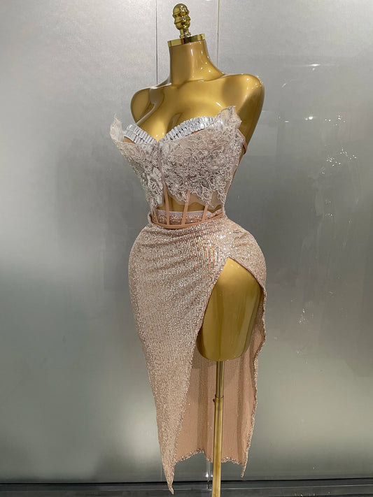 Women Sparkle Rhinestone Sequins Two Pieces Evening Party Dress Celebrate Festival Dancer Bar Nightclub Ds Dj Stage Wear